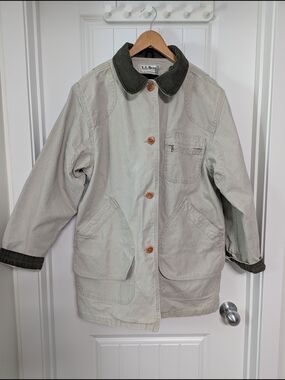 VTG L.L. Bean Barn Coat Canvas Chore Jacket Wool Lined Beige Green Size Large